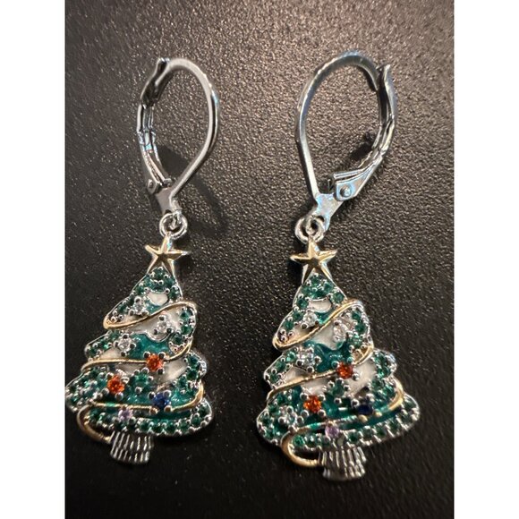 Christmas Tree Earrings With Colorful Rhinestones & Leverback Closure - Picture 6 of 6